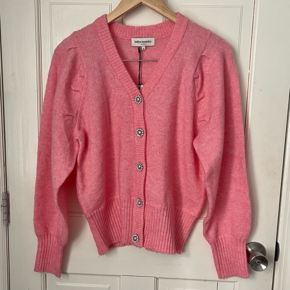 NWT Lollys Laundry Laura Cardigan Sweater Wool Pink Medium Jewel Buttons - Picture 2 of 12